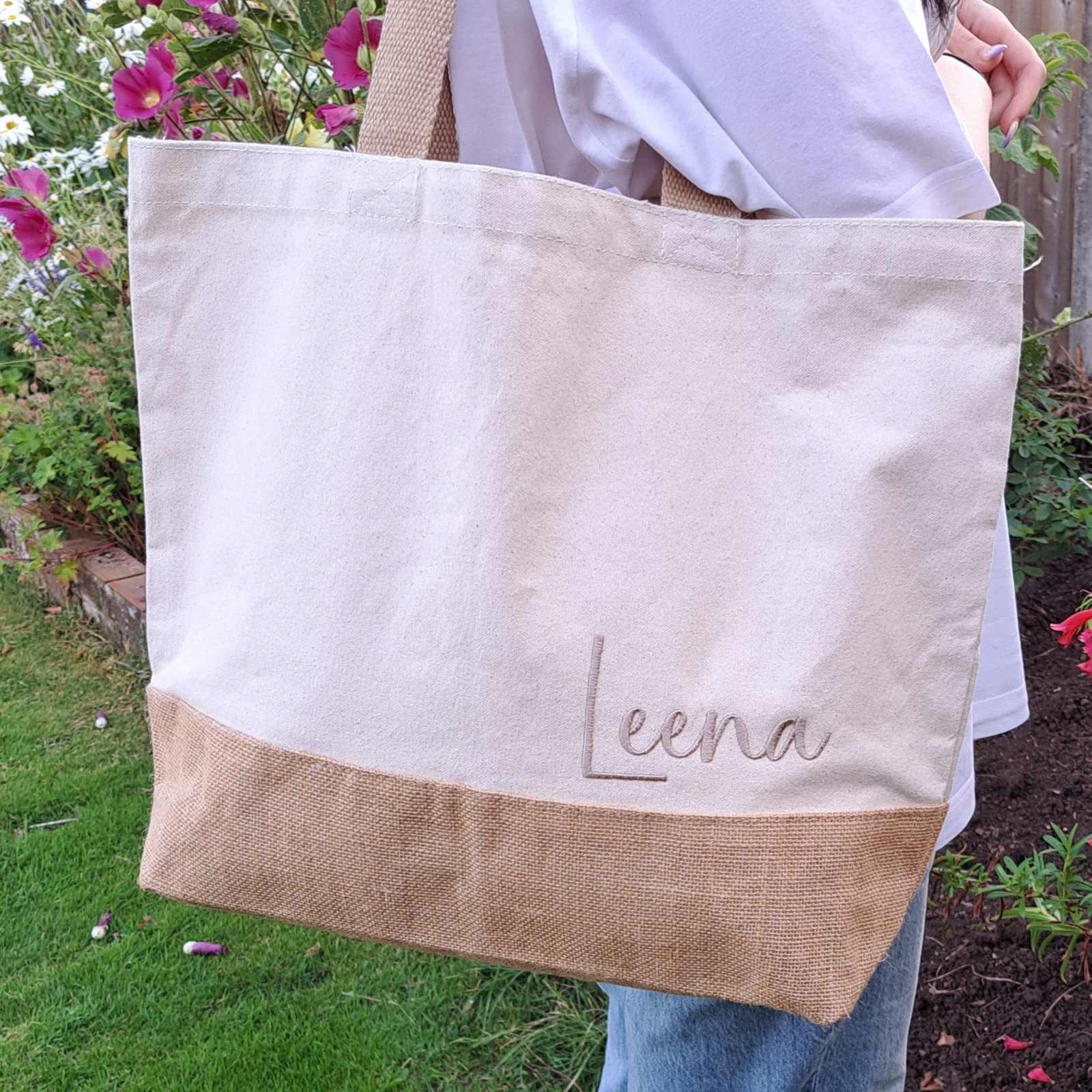 Image of a personalised canvas and jute tote bag in a neutral colour tone