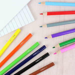 Image of a set of personalised colouring pencils that are part of a set that come with a personalised pencil case in blue or pink plus a ruler and pencil sharpener