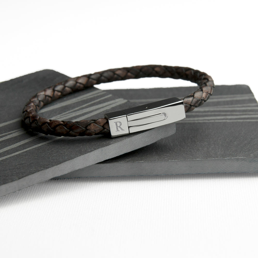 Monogrammed Men's Brown Leather Bracelet