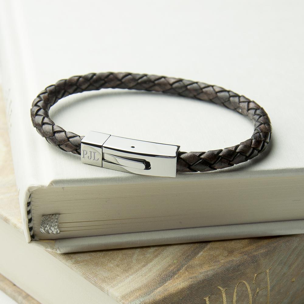 Monogrammed Men's Brown Leather Bracelet